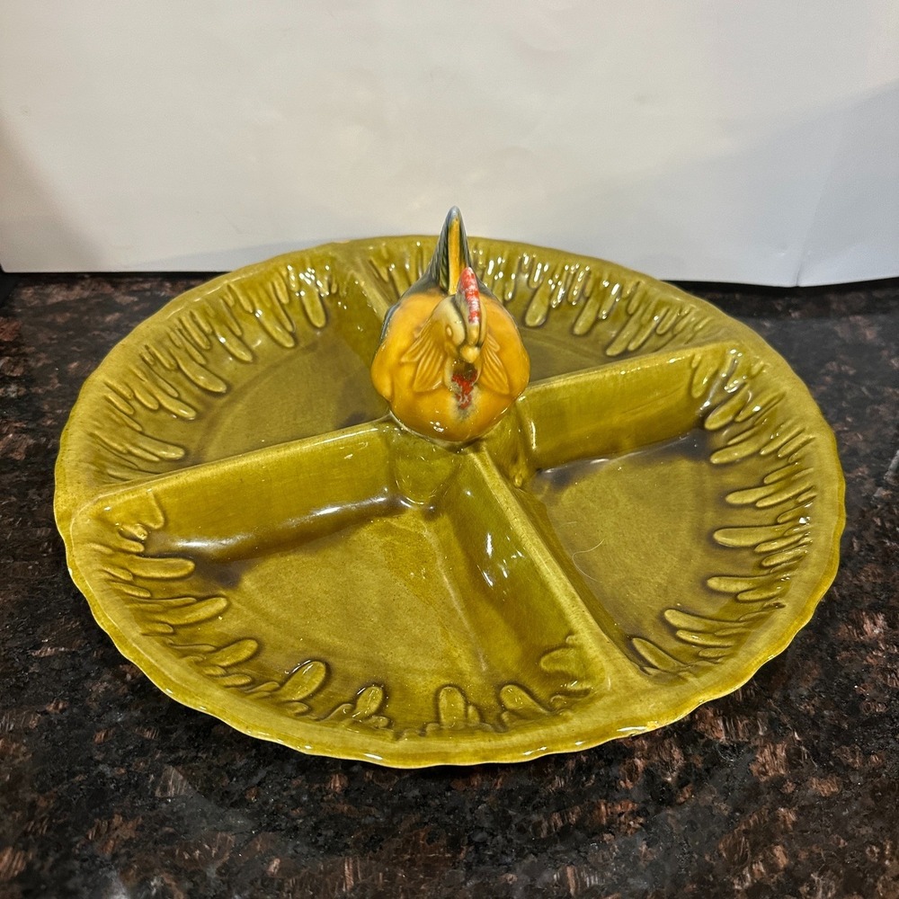 Calif USA Ceramic Chicken Divided Relish Tray Dish E 401 Olive Green Unique